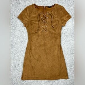 Express Dress Womens 2 Lace Up Neck Faux Suede Camel Mini Western Country Party